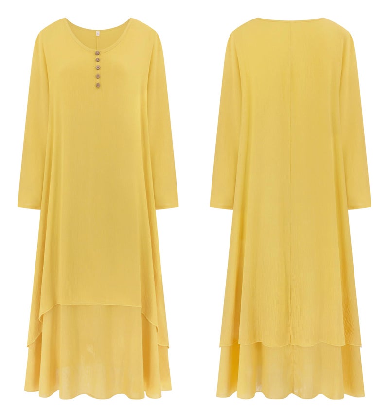 R.Vivimos Women Long Sleeve Cotton Casual Loose Plus Size Irregular Long Dresses (Large, Yellow) - Image 4